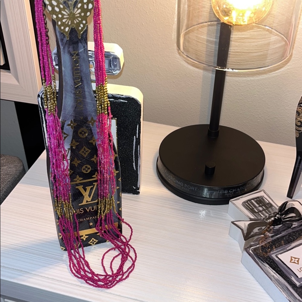 Vintage Vibrant Pink and Gold Boho Beaded Multi strand Necklace 34" EUC